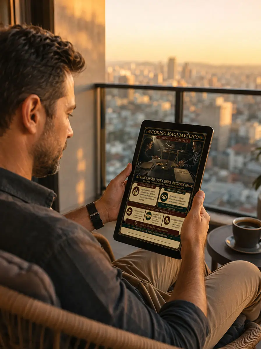 Homem lendo o Código Maquiavélico em um tablet